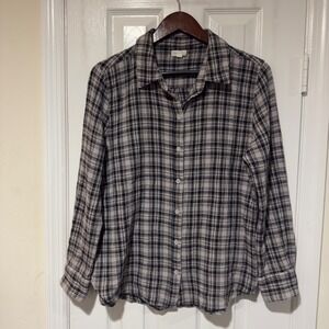 Garnet Hill‎ Black & Gray Plaid Organic Cotton Button Down Shirt Women's Size 12